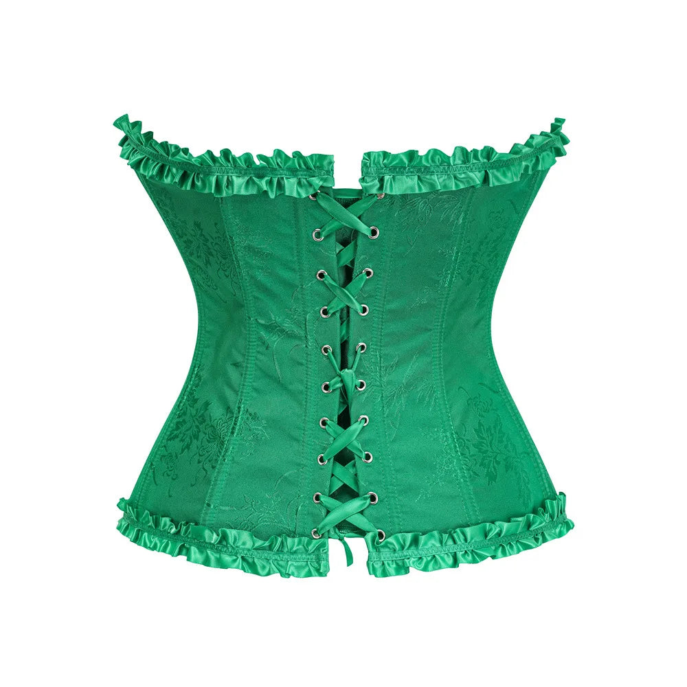 Yellow Jacquard Ruffled Trim Boned Sexy Overbust Push Up Bustier Top Corset Mujer Slimming Corsets For Women Sexy Gothic Clothes