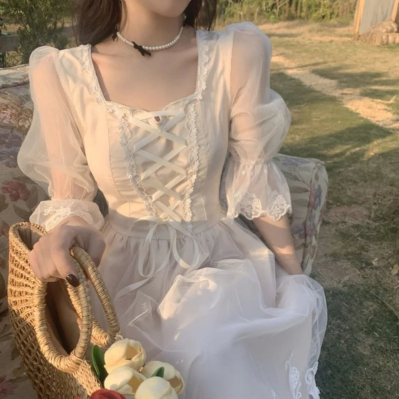 French Vintage Midi Dress Women Lace Elegant Princess Party Fairy Dress Female 2025 Spring Casual Korean Wedding Victorian Dress