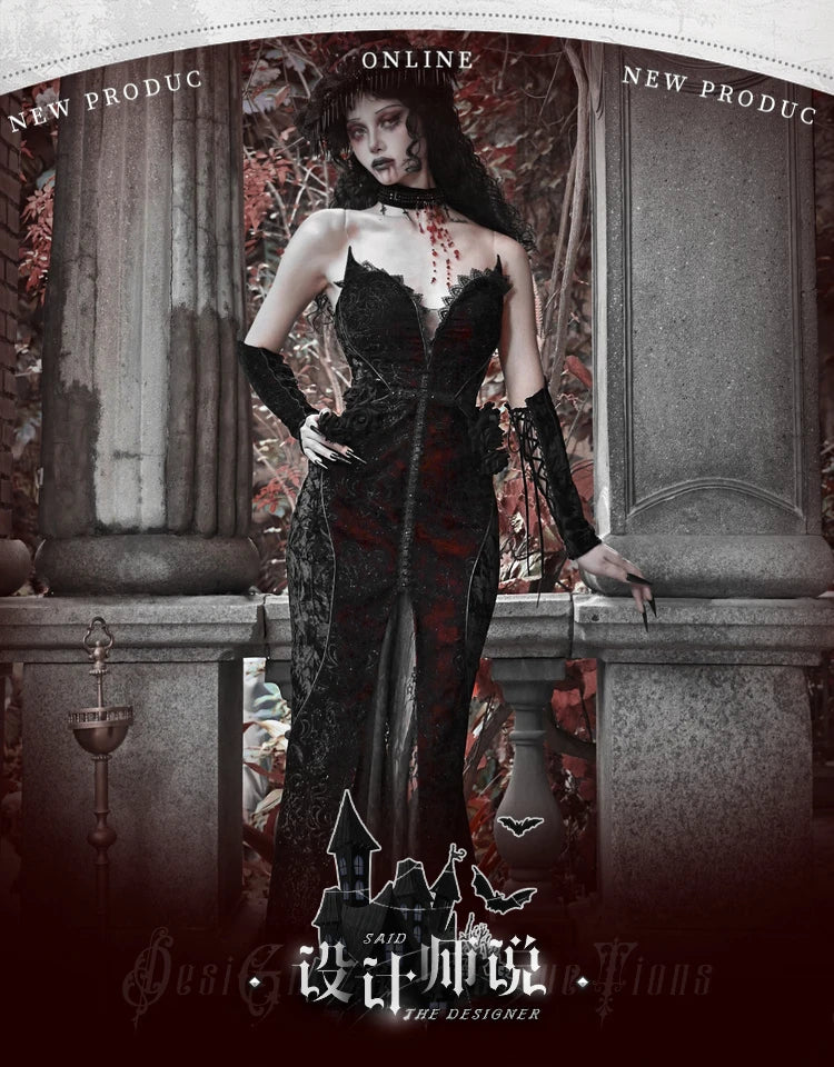 Gothica Original Design Vampire Black Red Dress Lace Patch Gothic Velvet Trumpet Sleeveless Sexy X-Long Dress Halloween