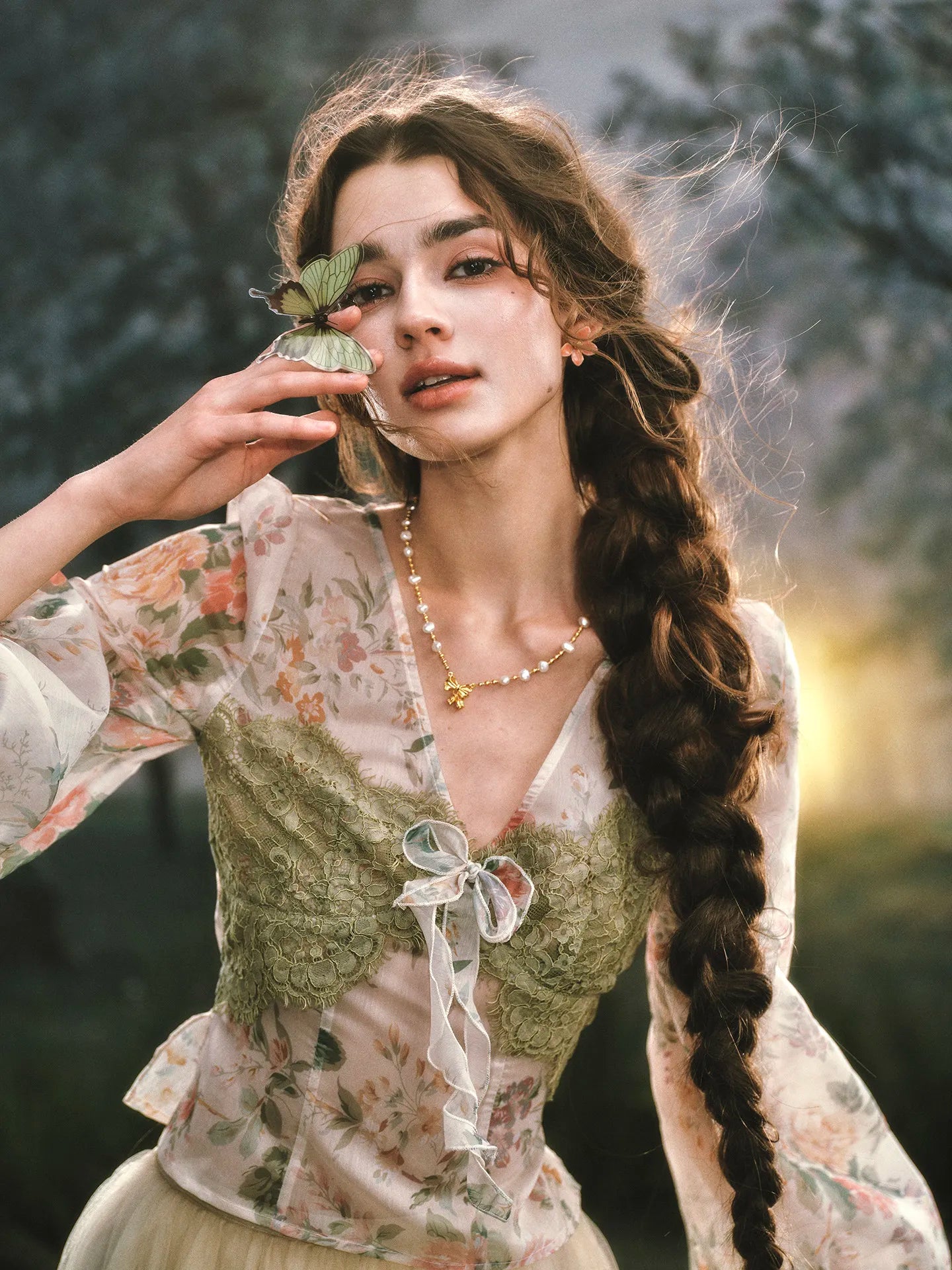 The Orchard Lace Summer Blouse | French Vintage Cottagecore Top | Sheer Printed Organza Lantern Sleeve | Parisian Princess