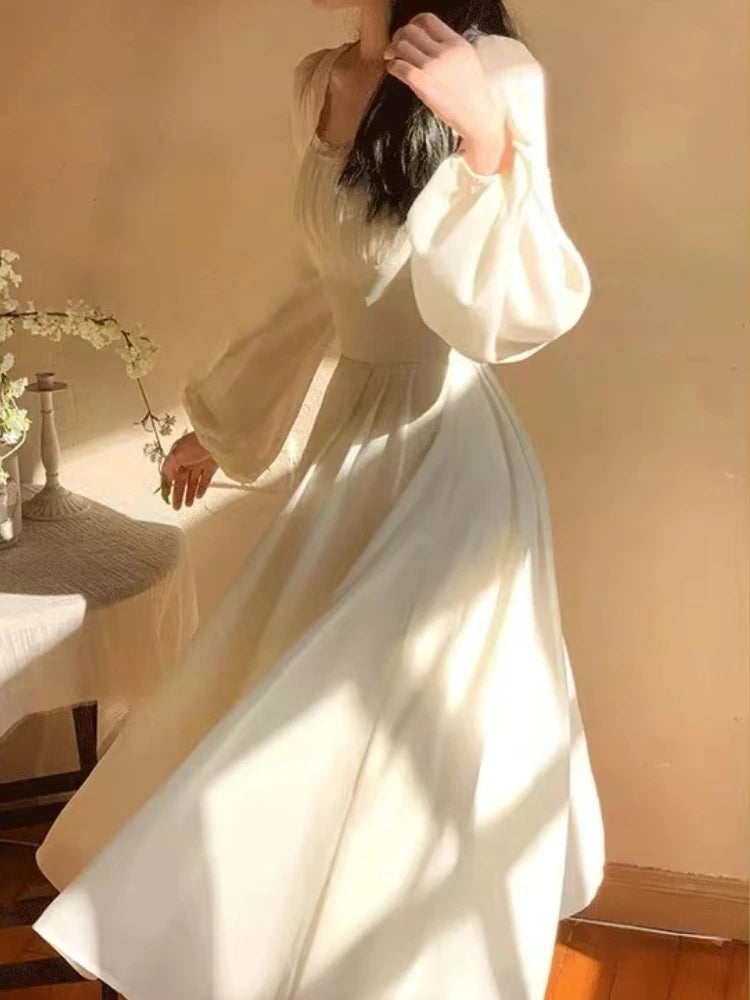 French Elegant Solid Midi Dress Woman Long Sleeve Fairy Party Dresses Casual One Piece Dress Korean Female Fashion