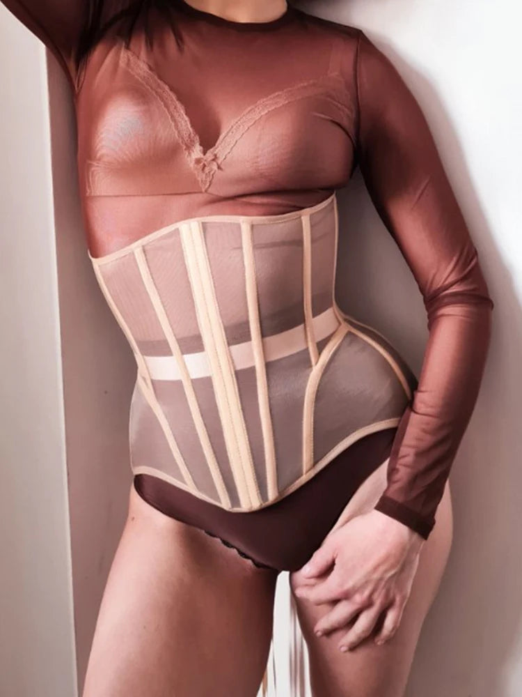 Women Abdomen Tight Corset Crops Under Bust Bustiers Breathable Mesh Waist Girdle With Bones Slimming Lace Up Bodices