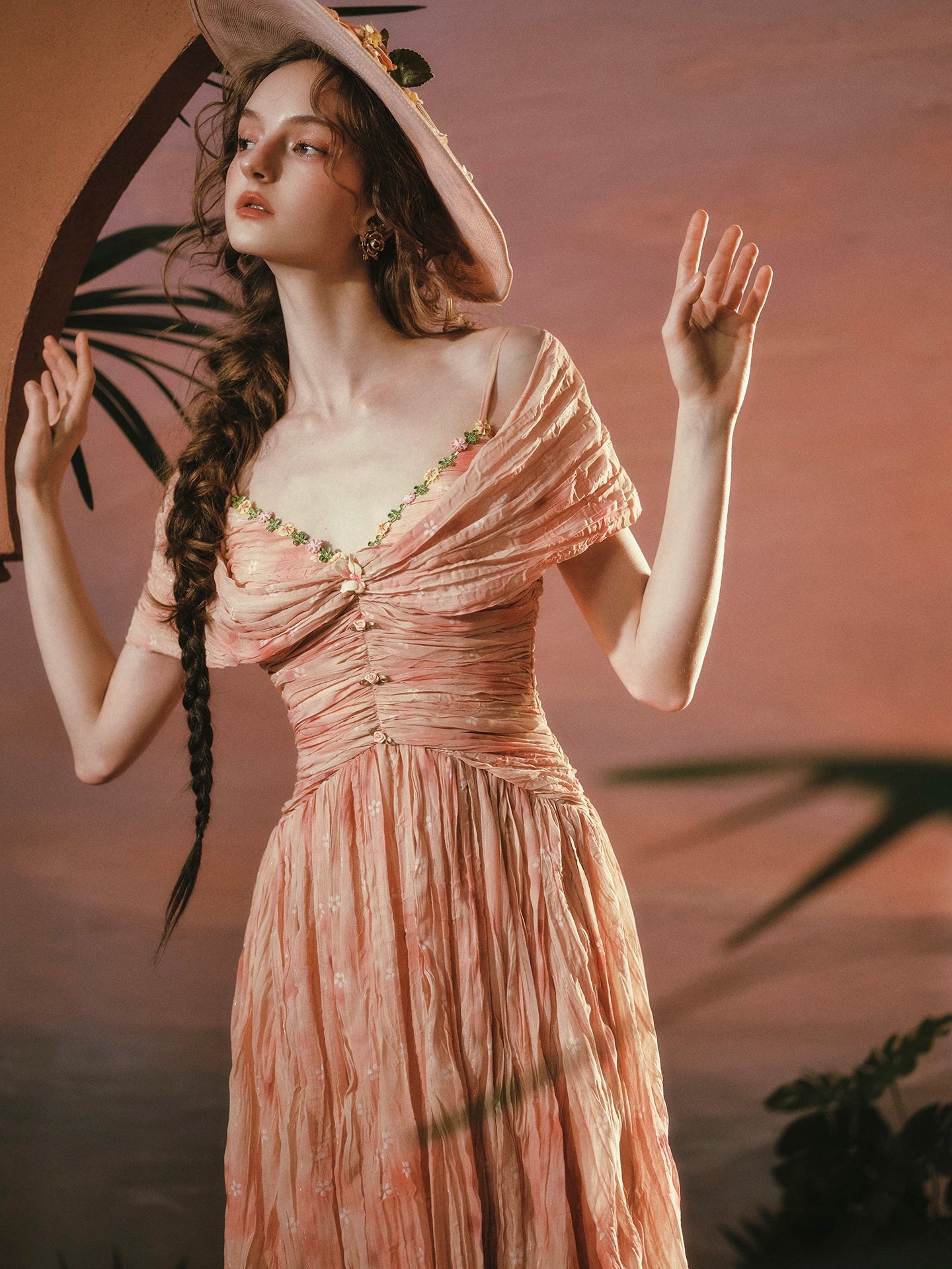 The Caprician Sunset Oil Painting Gown | Coral Shimmer Fairy Skirt | 3/4 Sleeve A-Line Dress | Parisian Princess