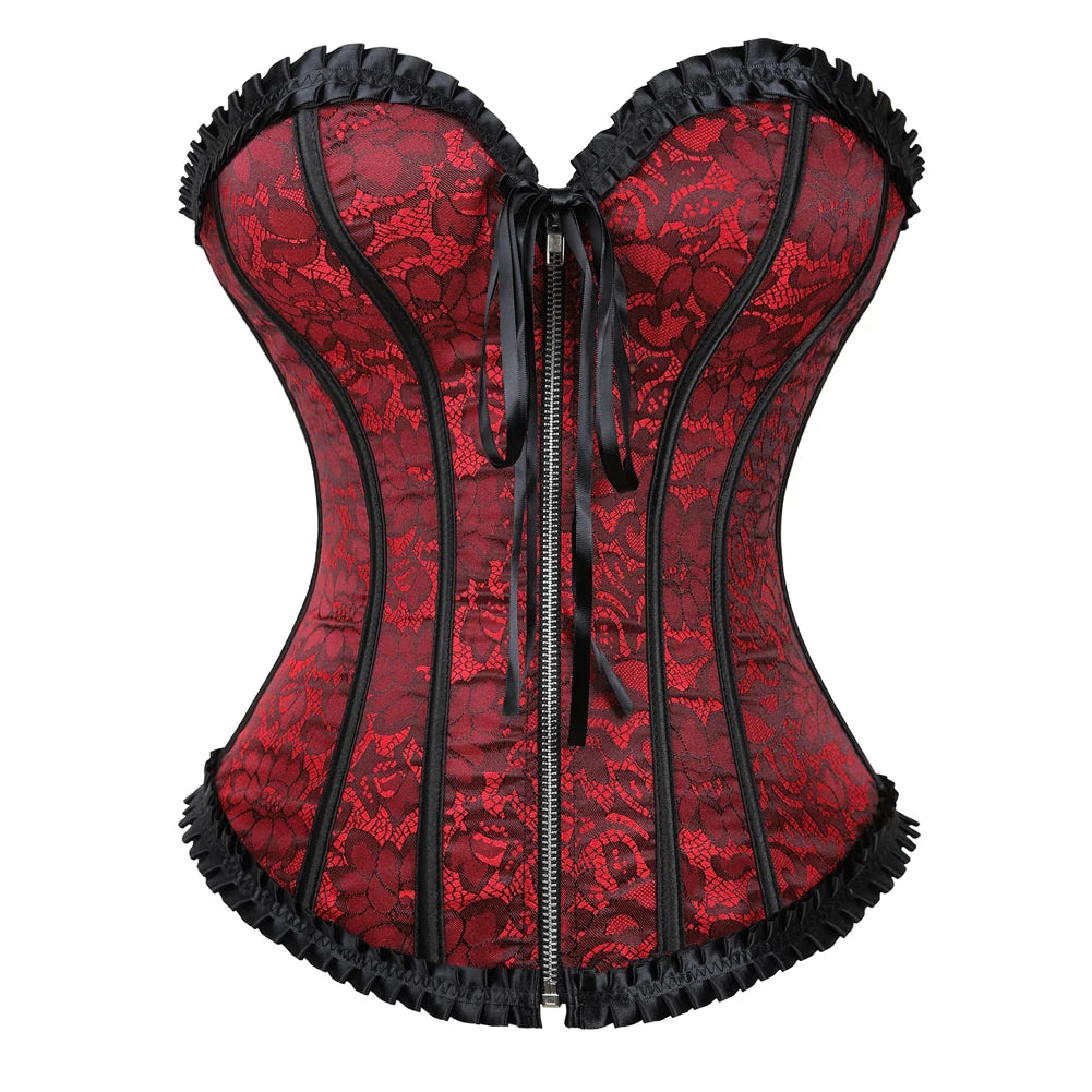 Sexy Lace Overbust Corset Top Women Vintage Satin Bow Bustier Lingerie With Zipper Plus Size Body Shaper Burlesque Corsets