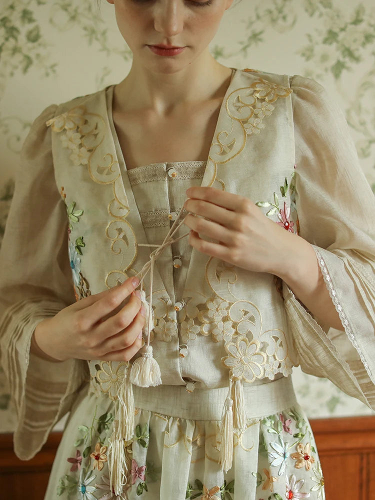The Antoinette Tassel Embroidery Vest | French Antique Floral Cotton Gilet | Open-Stitch V-Neck | Parisian Princess
