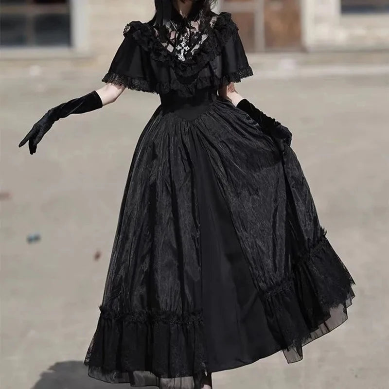 Lolita Vintage On The Run Princess Dress Court Style Lace Jacquard Slim Dress Cosplay Mesh Patchwork Harajuku Party Vestidos