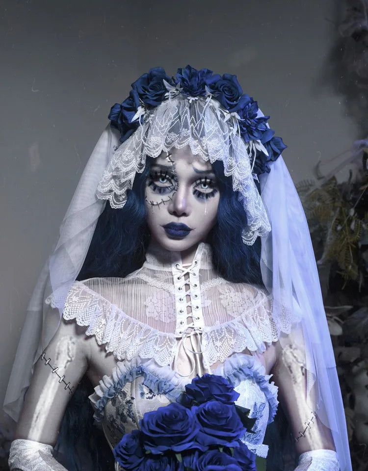 The Gothica White Gothic Dress | Zombie Bride Spine Lace Gown | Chiffon Tailed Party Dress with Cape | Parisian Princess