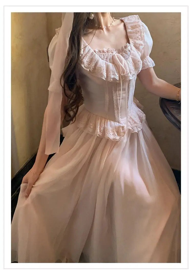 Timeless Signature Parisian Blush Pink Lace Dress French Couture Puff Sleeve Sweet Elegant Max