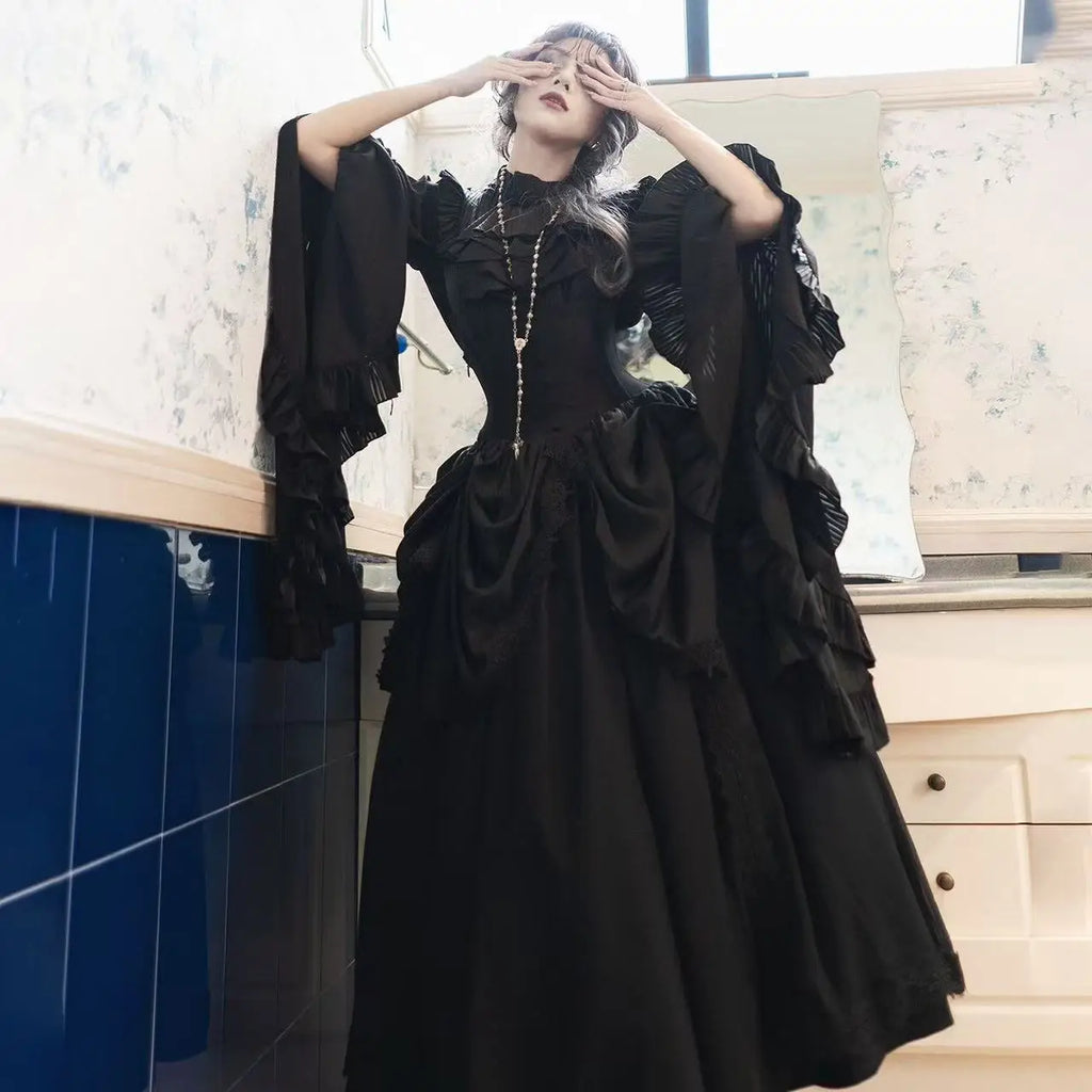 Niche Gothic Style Lolita Skirt Dark Black Wave Flower Edge Women Banquet Gown Vintage Halloween Carnival Event Cosplay Costume