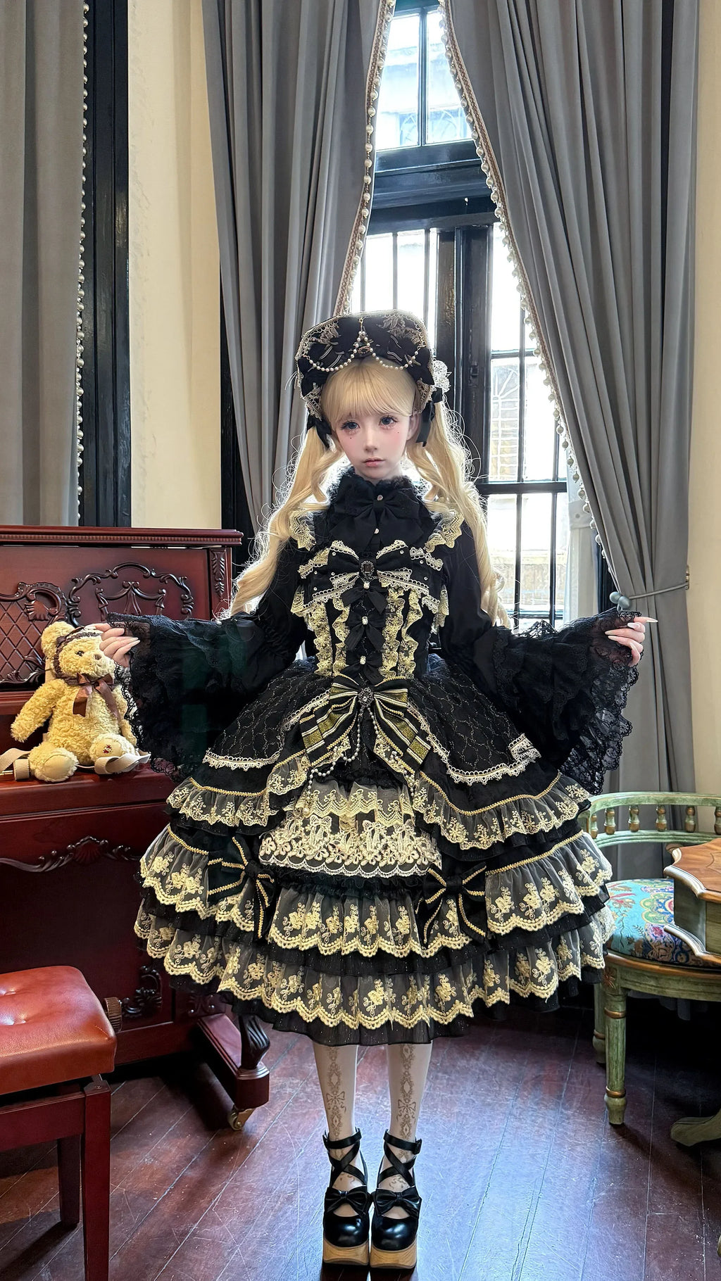 Original Gothic Cos Suspender Dress Jsk Summer New Female Slim-Fit Elegant Cute Bow Cake Dresses Women's Lolita Birthday Dress