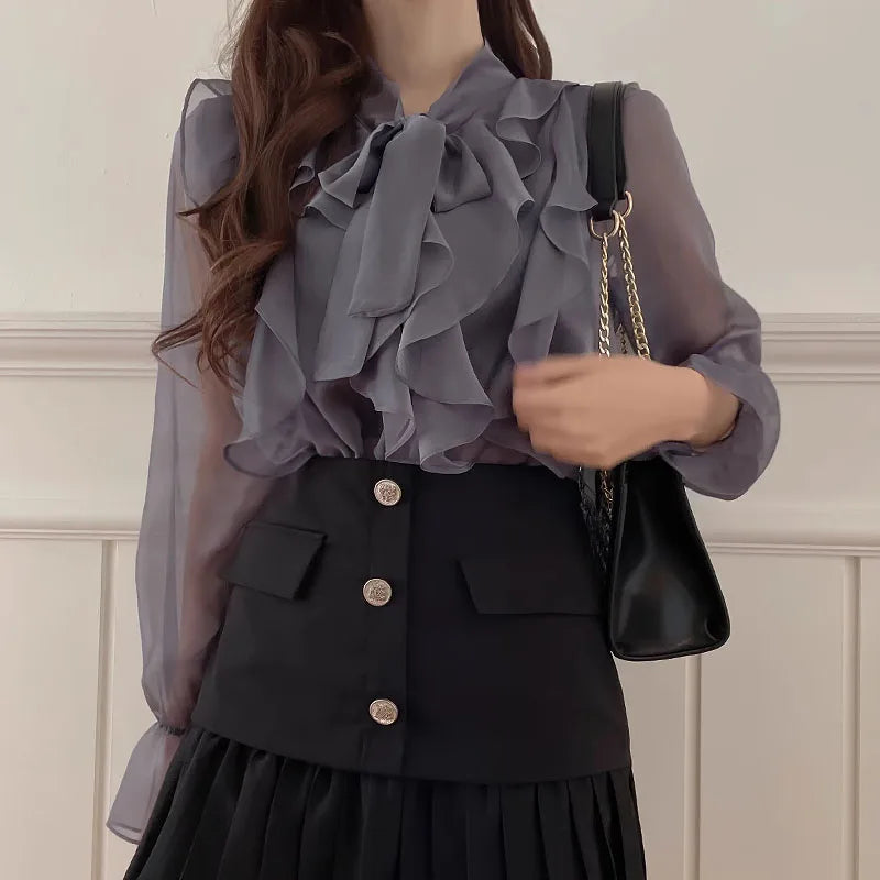 The Adrienne Chiffon Manteau | Parisian Office Lady Silk-Touch Blouse | French Sweet Bow Executive Shirt | Slate Gray Summer Atelier Top
