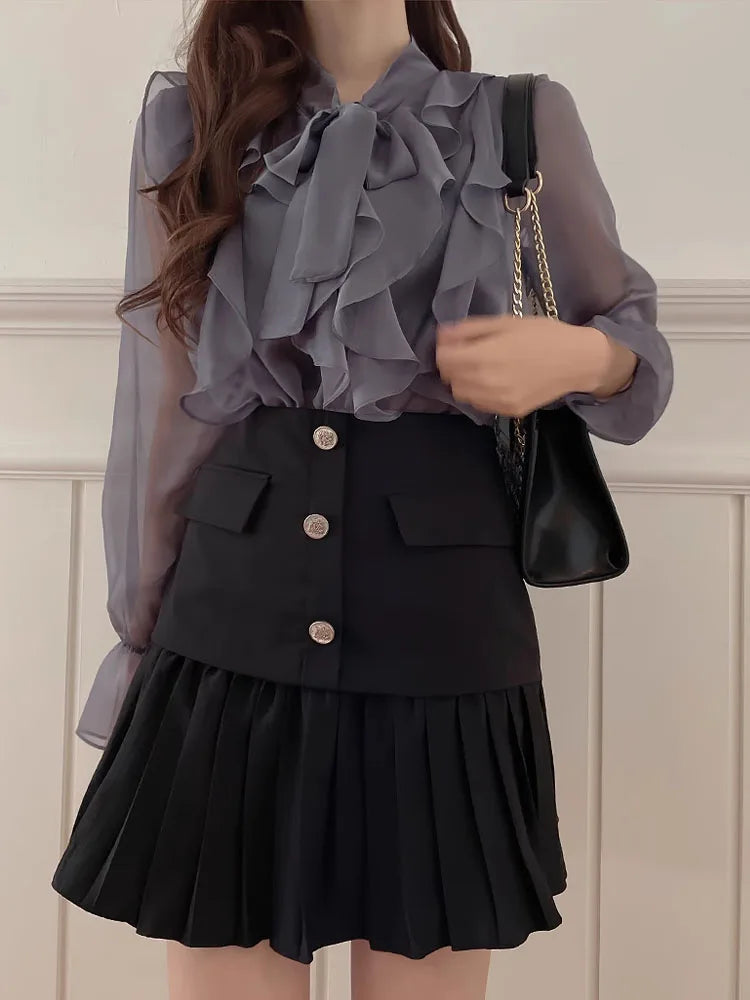 The Adrienne Chiffon Manteau | Parisian Office Lady Silk-Touch Blouse | French Sweet Bow Executive Shirt | Slate Gray Summer Atelier Top