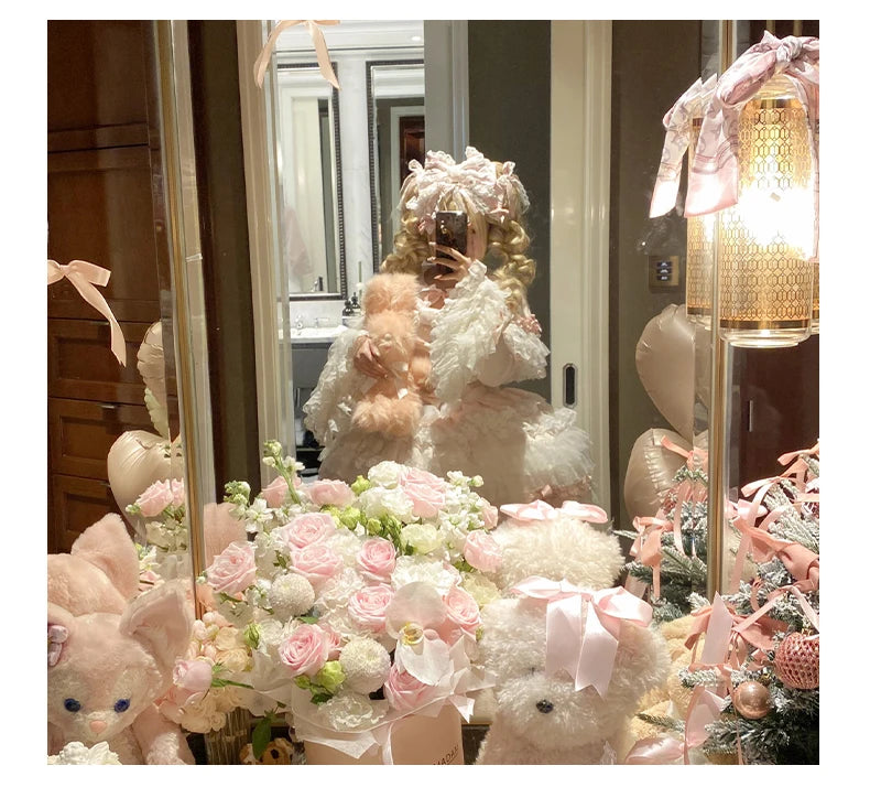 Pink Lolita Princess Dress Women's Bow Lace Heavy Industry Sweet Elegant Birthday Party Evening Dress Lady Suspender Dress Cloak