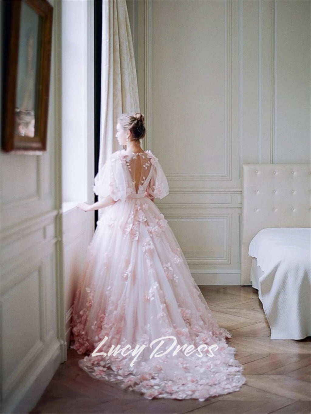 The Duchess Luxury Tulle Gown | V-Neck Court Train Prom Dress | Floral Fabric Birthday Maxi | Parisian Princess