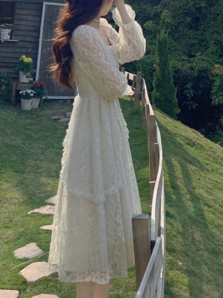 French Vintage Dress Women Summer Long Sleeve Elegant Party Midi Dress Female Casual Retro One Piece Dress Casual