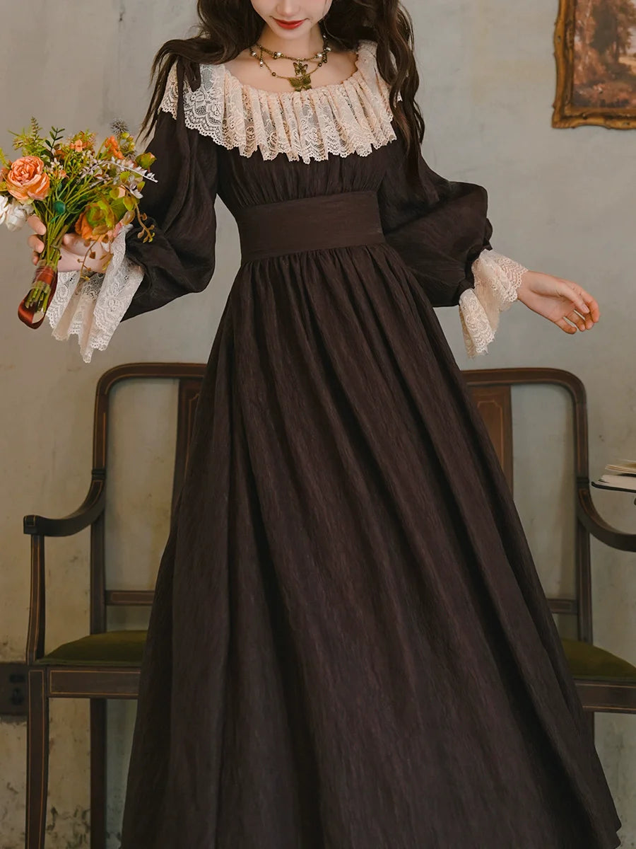 Parisian Women French Court Retro Lace Corset Puff Sleeve Jacquard Texture Dress