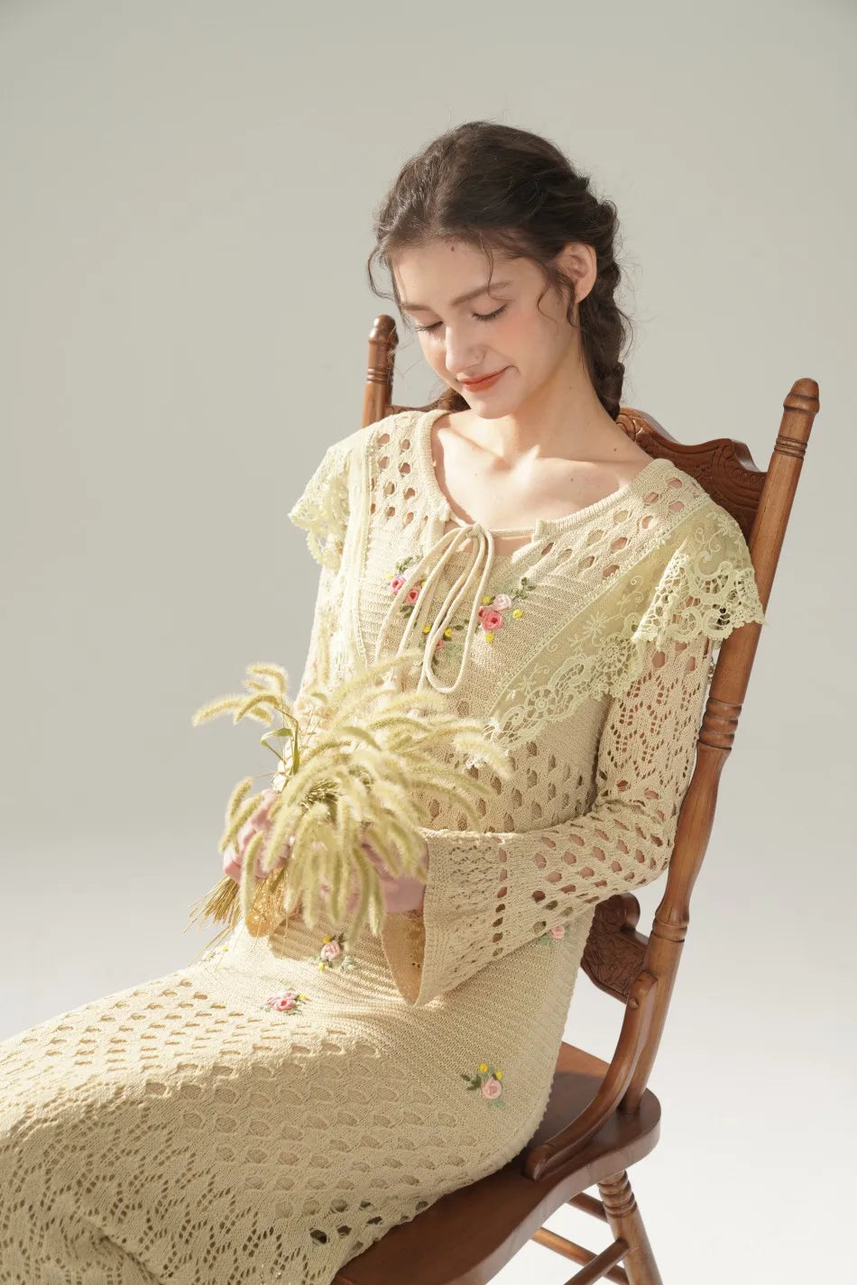 The Versailles Rose Knitted Fishtail | Hand-Embroidered Silk Blend Dress | French V-Neck Gown | Parisian Princess