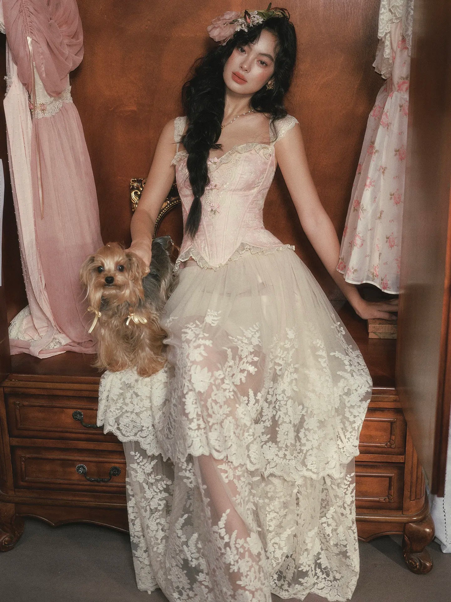 The Rosebud Versailles Lace Set | Pink Bustier & Shimmer Beige Maxi Skirt | Embroidered Two-Piece Gown | Parisian Princess