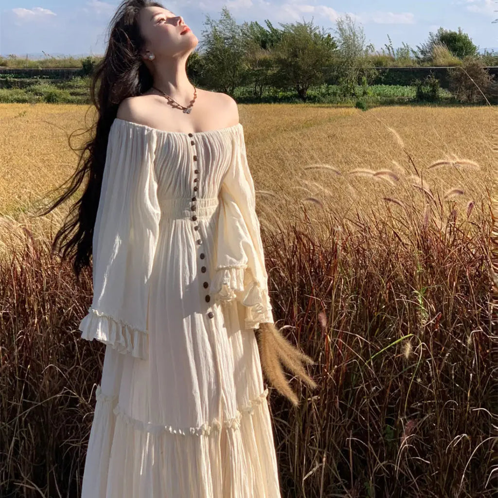 The Coalfell Vacation Gown | French Cotton-Linen Apricot Midi | Batwing Sleeve Lace Temperament Dress | Parisian Princess