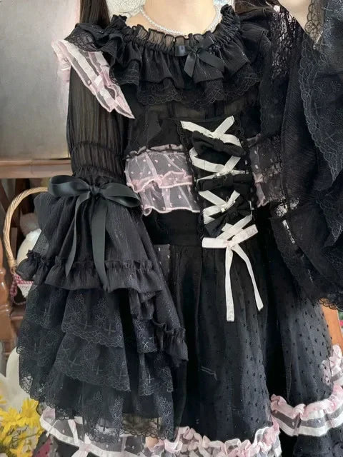 French Lolita Flare Sleeve Sweet Bow Shirt Parisian Aesthetic Slash Neck Lace Patchwork Blouse Women Loose Grunge Ruffled Blusas