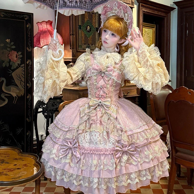 Original Gothic Cos Suspender Dress Jsk Summer New Female Slim-Fit Elegant Cute Bow Cake Dresses Women's Lolita Birthday Dress