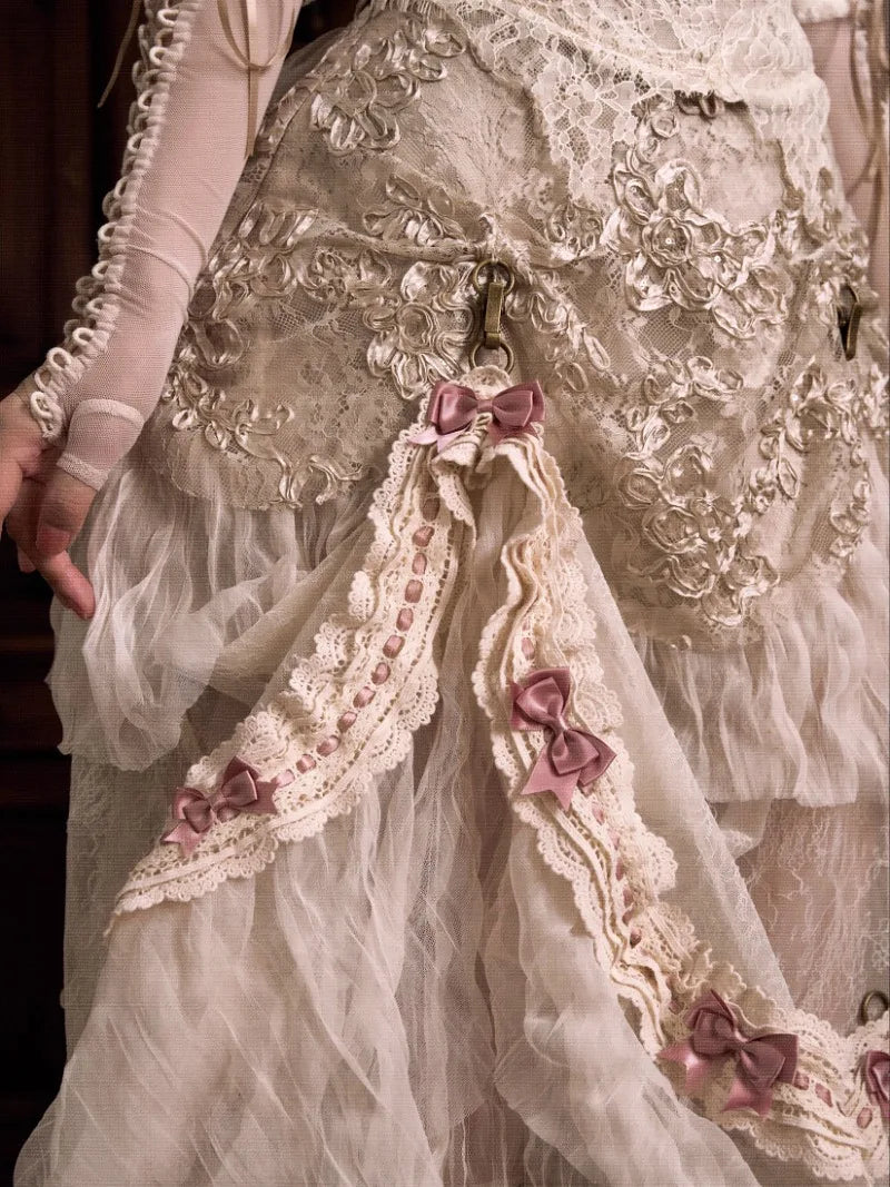 The Amore Lovecore Trailing Princess Skirt | Bustle Lift A-Line Maxi | Removable Bow Lolita Skirt | Parisian Princess