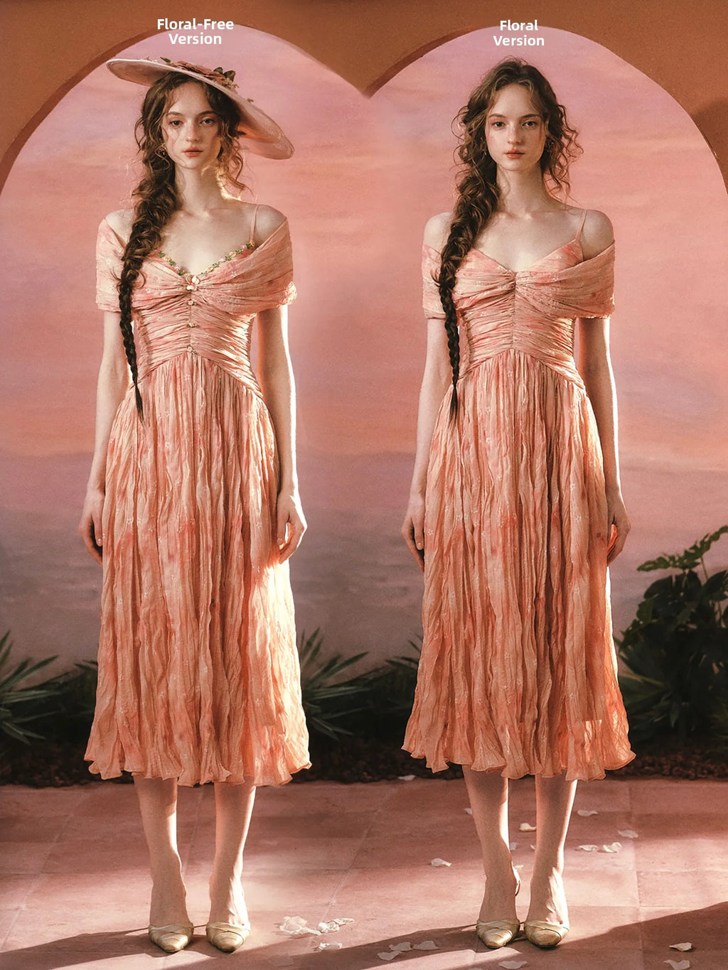 The Caprician Sunset Oil Painting Gown | Coral Shimmer Fairy Skirt | 3/4 Sleeve A-Line Dress | Parisian Princess