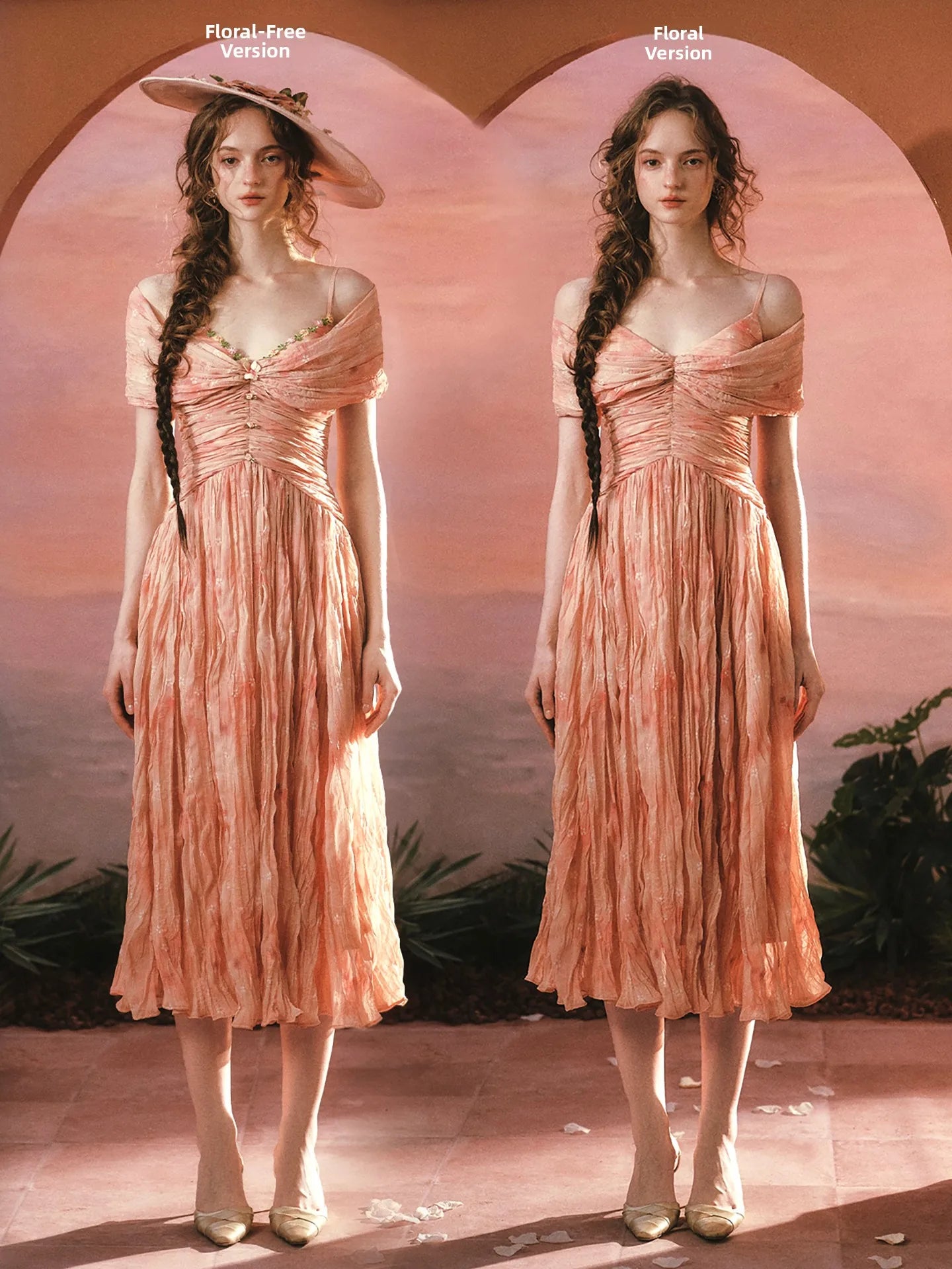 The Caprician Sunset Oil Painting Gown | Coral Shimmer Fairy Skirt | 3/4 Sleeve A-Line Dress | Parisian Princess