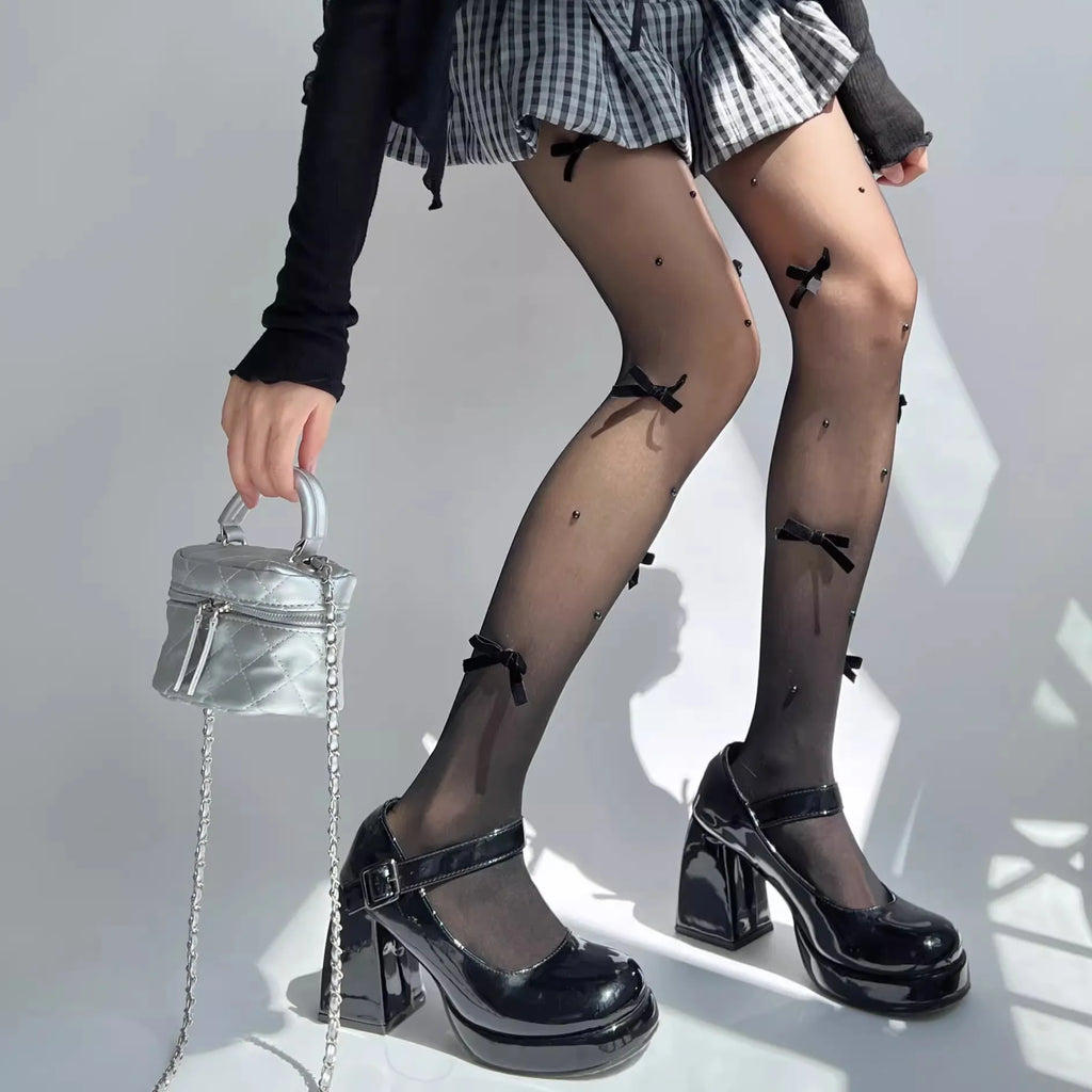 Lolita Pink Velvet Bow Embroidery Pearl Tights Pantyhose Fashion Women Tights JK Lolita Styles Sweet Girls Kawaii Cute Stocking