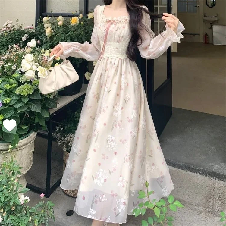 Autumn Winter Women's Long Sleeve Square Collar Chiffon Floral Print Slimming Dress Midi Length Empire Waistline Fashionable