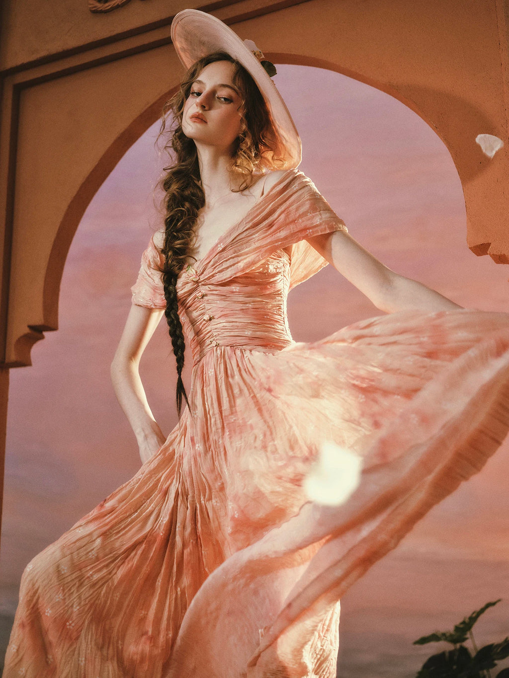 The Caprician Sunset Oil Painting Gown | Coral Shimmer Fairy Skirt | 3/4 Sleeve A-Line Dress | Parisian Princess
