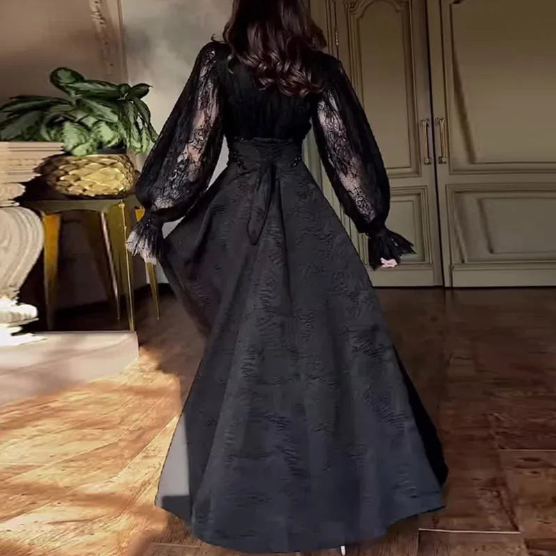 French Sexy Lace Embroidered Jacquard Dress Woman V Neck High Waist Crochet Evening Dresses Autumn Puff Sleeve Tie-up Maxi Dress