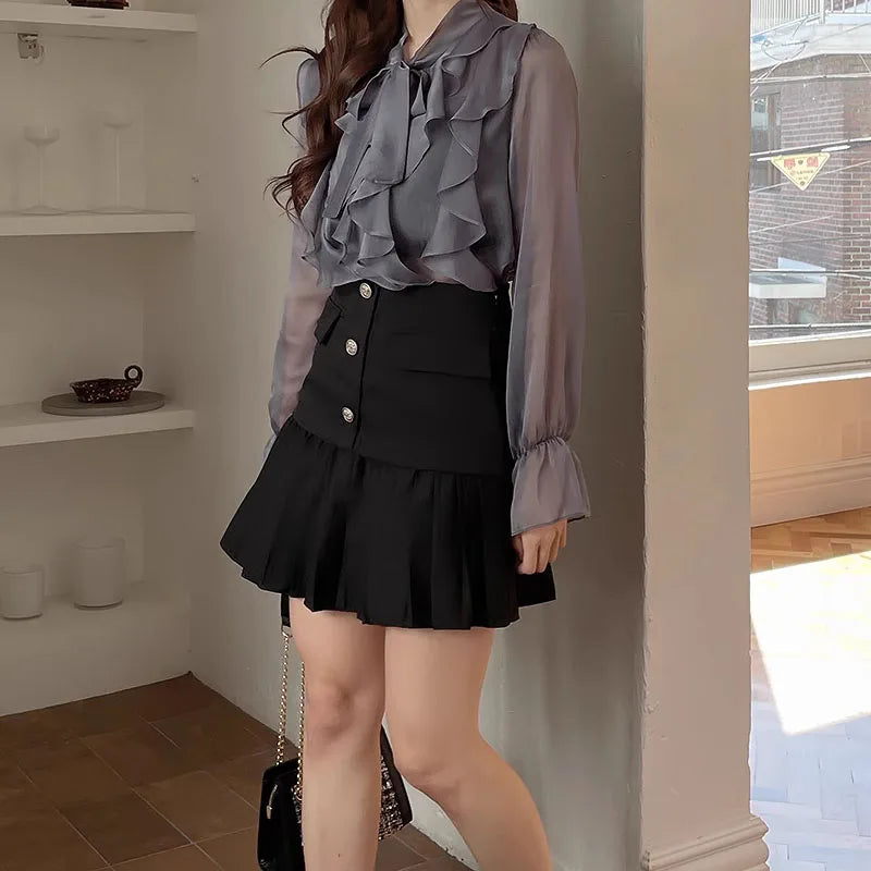 The Adrienne Chiffon Manteau | Parisian Office Lady Silk-Touch Blouse | French Sweet Bow Executive Shirt | Slate Gray Summer Atelier Top