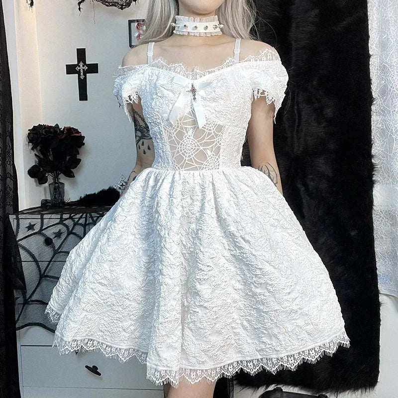 Gothica Lace Short Dress Women Cobweb Patchwork Short Sleeve Cold Shoulder Halloween Outfit Horror Ruffle Trim Costume