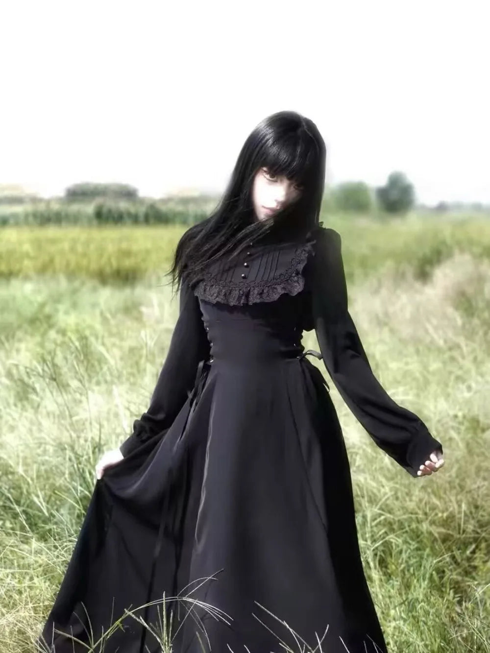 Coalfell French Gentle Heavy Engineering Dress Design Fall and Winter Long-sleeved New Waist Lace Thin Temperament Long Dress