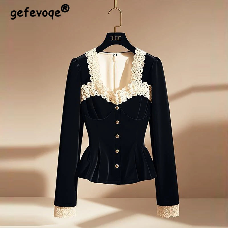 Women Stylish Parisian Vintage French Style Lace Patchwork Blouses Elegant Chic Luxury Slim Shirts Square Collar Black Long Sleeve Tops