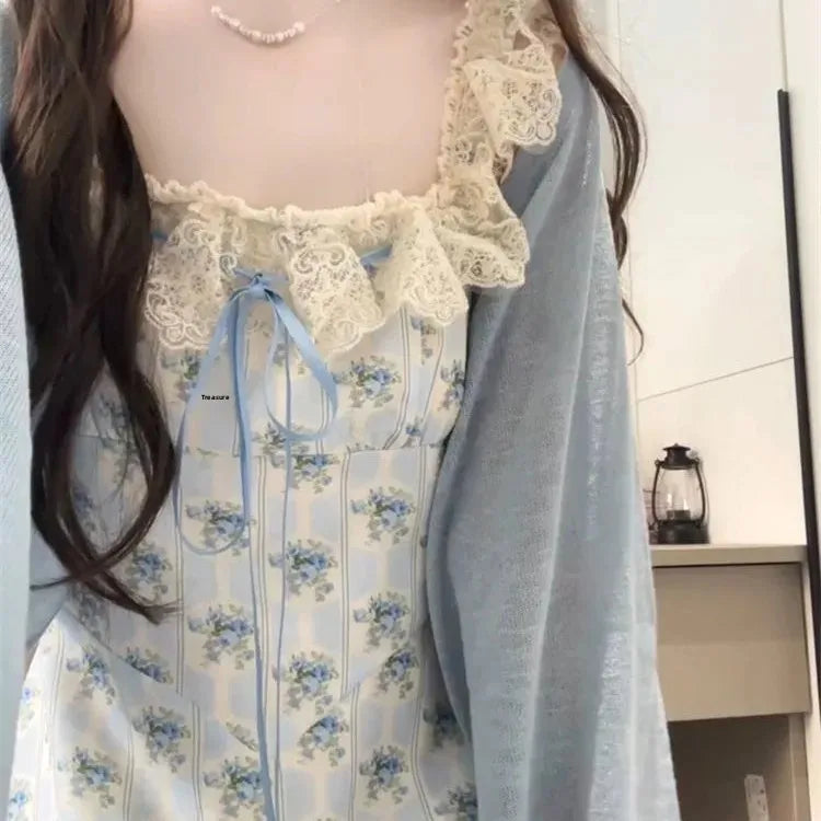 Parisian College Style Floral Print Strapless Dress Blue Sweater Cardigan Two-Piece Set Women's Fashion Casual Outfit Ensemble