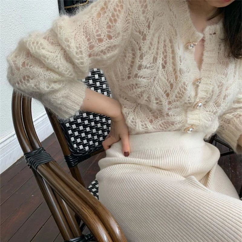 The Lucyever Mohair Cardigan | Hollow-Out Knit Sweater Coat | French Y2K Chic Short Jacket | Parisian Princess