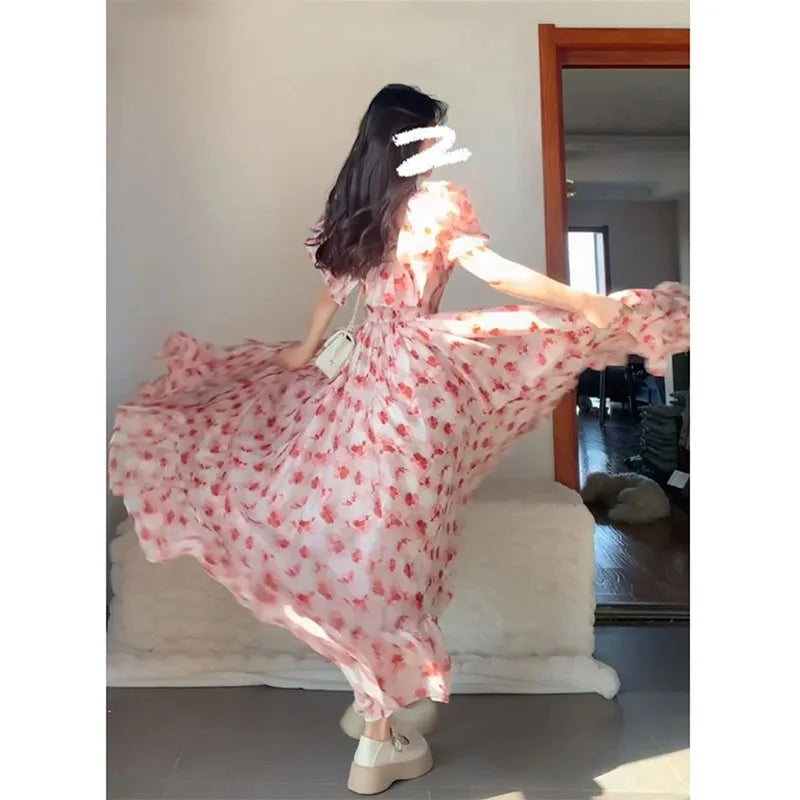 Parisian French Pink Floral Off-shoulder Dress Atmosphere Sense Vacation Style Tea Break Long Skirt Princess Dress