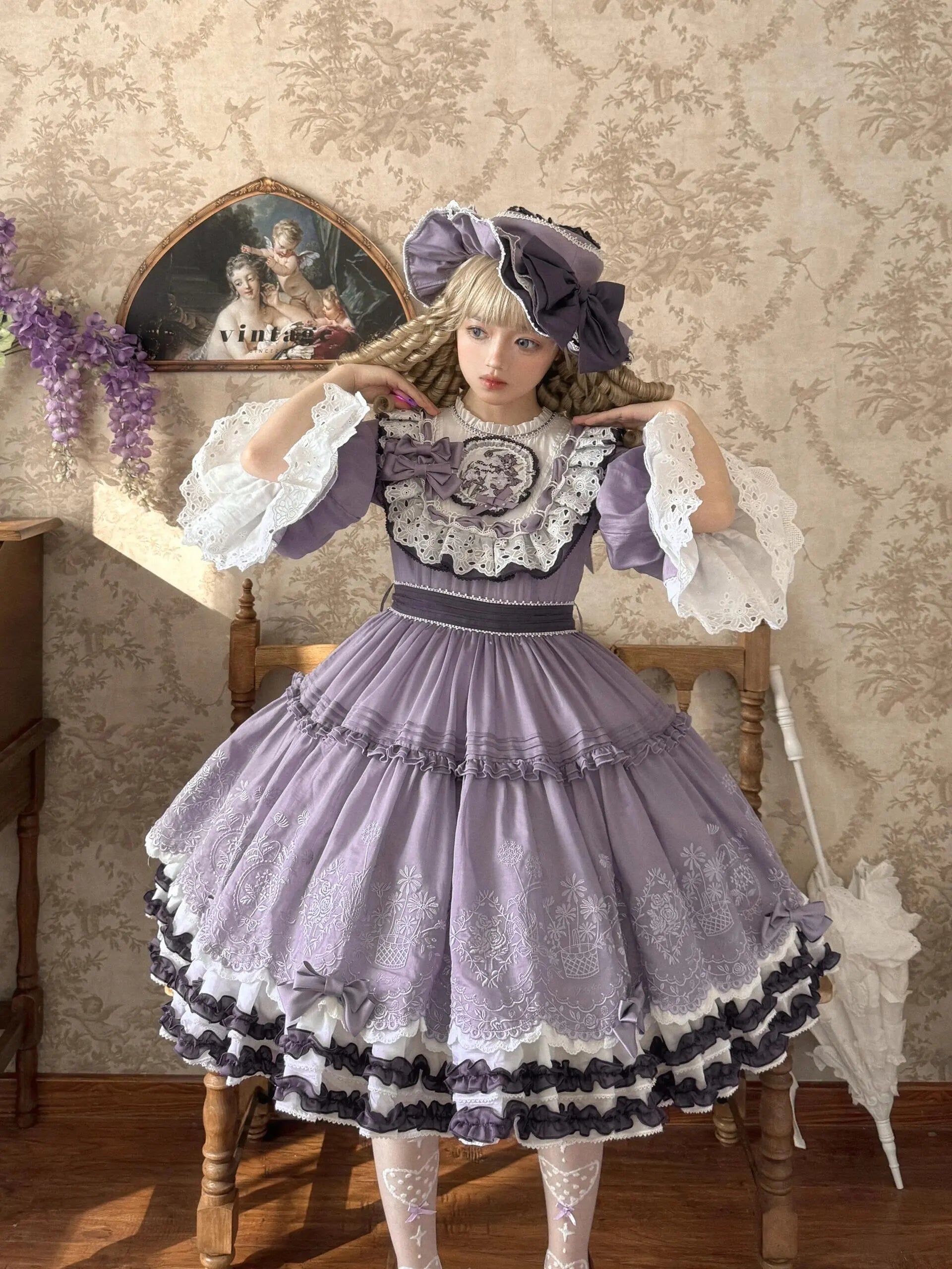 The Versailles Violet Bow Dress | Purple Long Sleeve Lolita OP | French Elegant High Waist Maxi | Parisian Princess