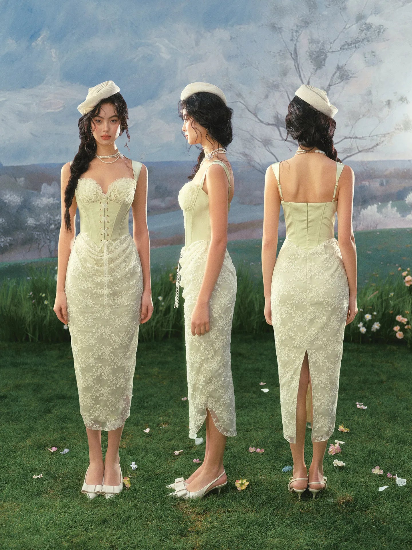 The Aubergine Limeberry Gown | French Elegant Slim Luxury Satin Princess Dress | Lace Strapless Empire Mid-Calf Dress | Parisian Princess