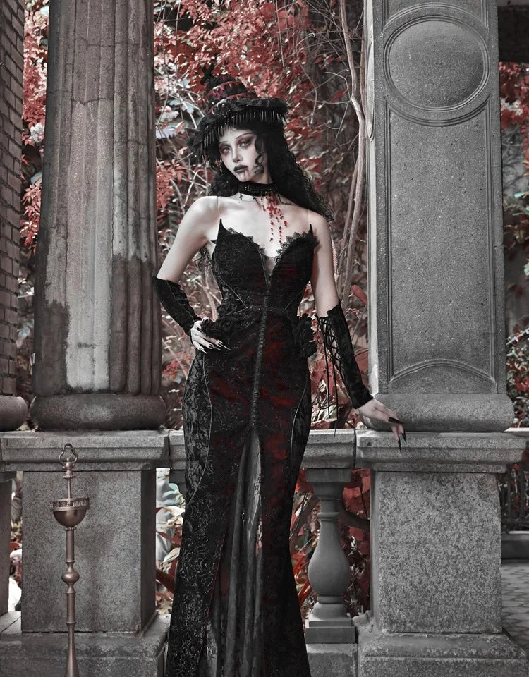 Gothica Original Design Vampire Black Red Dress Lace Patch Gothic Velvet Trumpet Sleeveless Sexy X-Long Dress Halloween