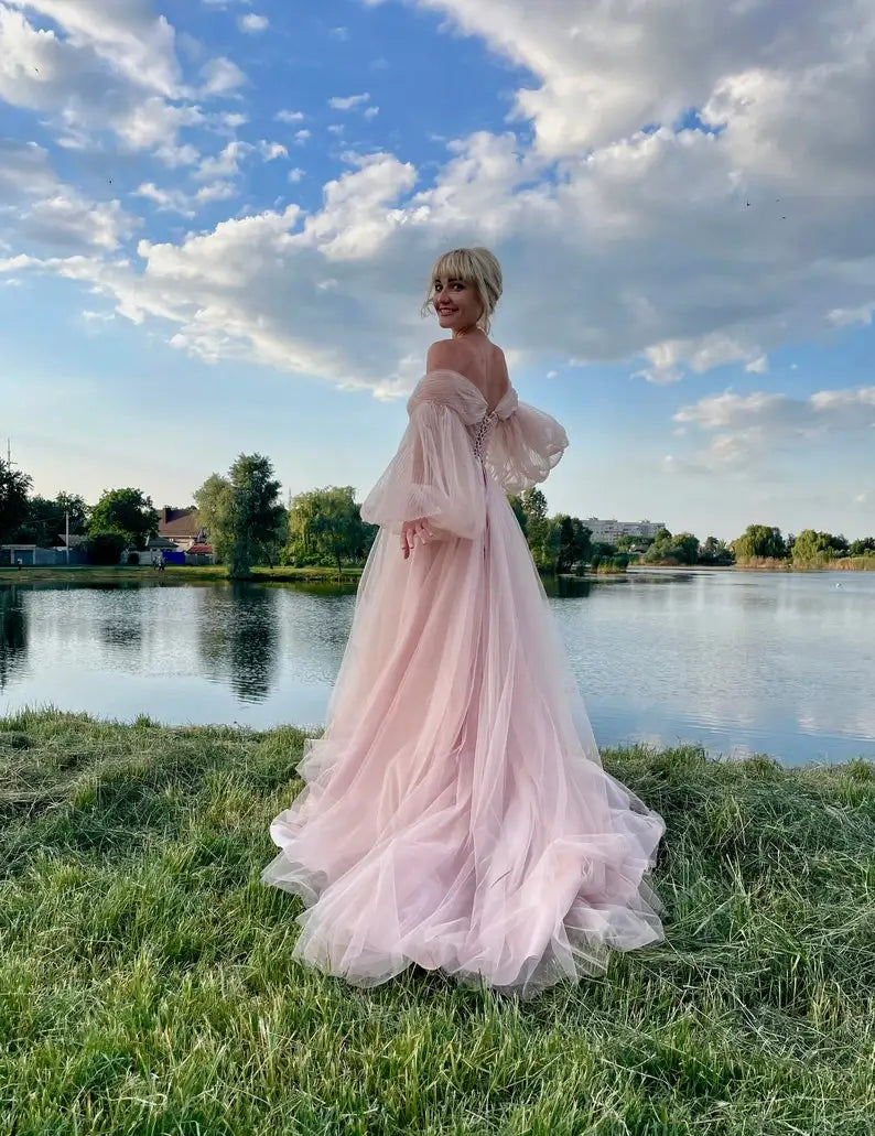 The Pink Petal Promenade Gown | Off-The-Shoulder Puff Sleeve Prom Dress | Lace-Up Satin Tea-Length Gown | Parisian Princess