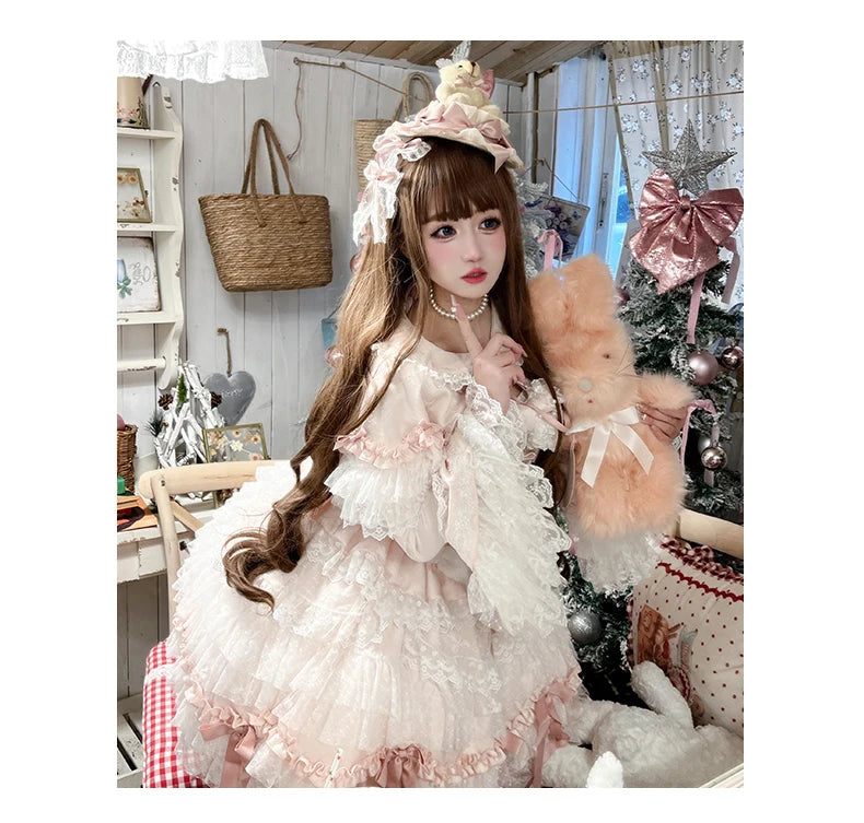 Pink Lolita Princess Dress Women's Bow Lace Heavy Industry Sweet Elegant Birthday Party Evening Dress Lady Suspender Dress Cloak