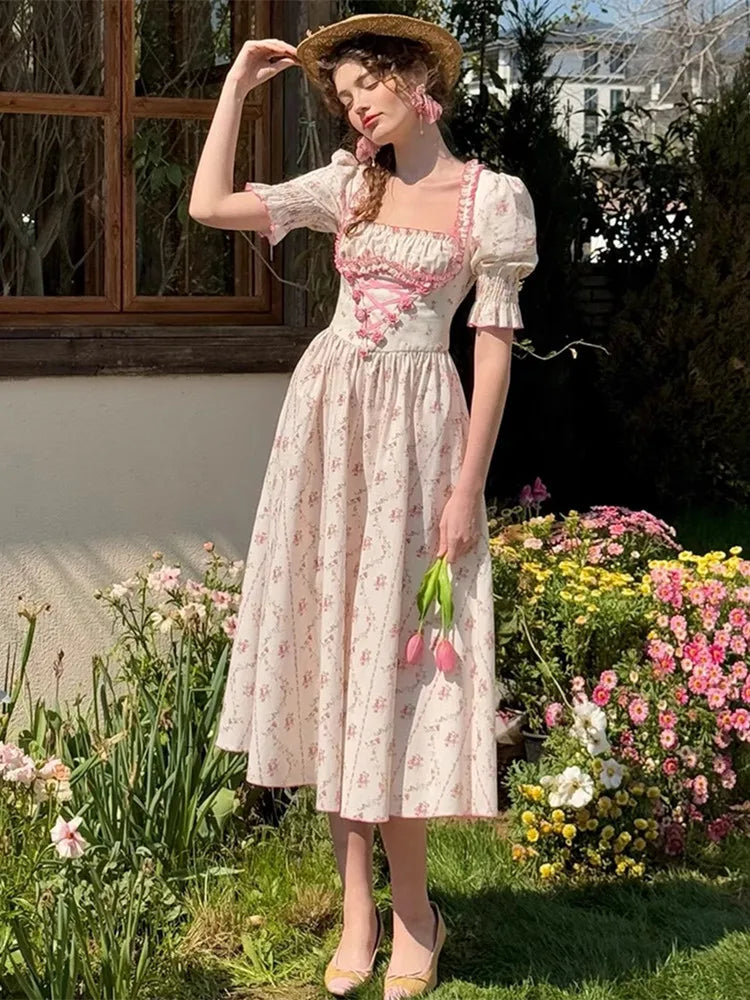 French Long Dress Women Vintage Elegant Slim French Countryside Sweet Floral Dress Soft Comfortable 100%Cotton Dress