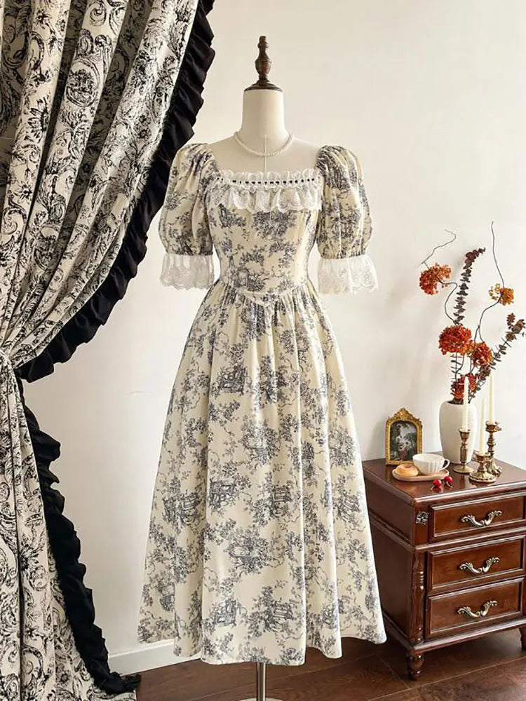 Parisian Botanical Print Long Dress Woman Square Neck Lace Short Puff Sleeves Slim Party Dresses French Cute Birthday Dress