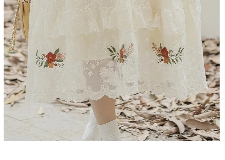 The Apricot Petal Gown | Embroidered Lace Ruffle Dress | French Romantic Fairy Maxi | Parisian Princess