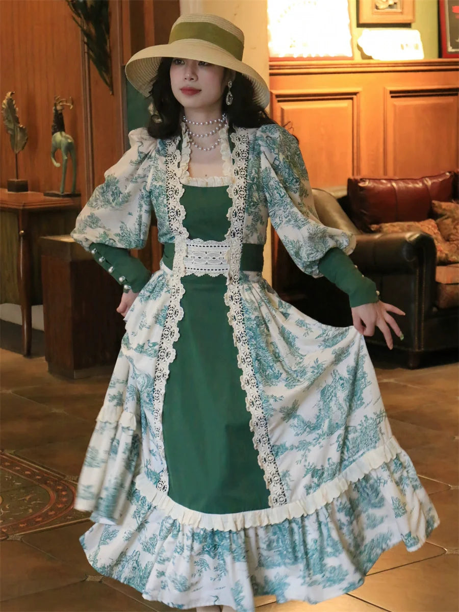 Parisian Original Design Women French Vintage Green Story Print Lacy Trimmings Cotton Dresses