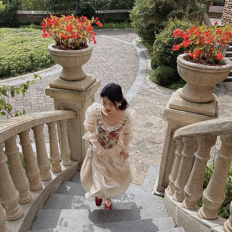 The Trianon Fairy Midi | Vintage Floral Puff Sleeve Prom Dress | Elegant Luxury Print Summer Gown | Parisian Princess