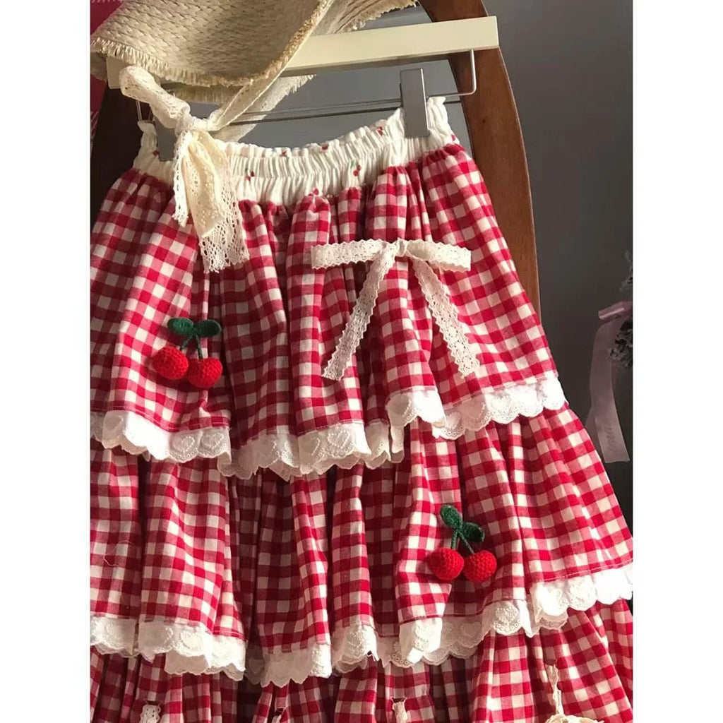Sweet Multi-Layered Ruffle Cake Skirt Women's Parisian Cottagecore Cherry Design Lace Half Skirt Fresh And Cute Style Midi Skirt